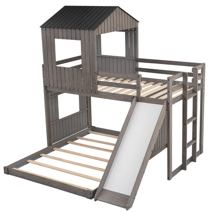 T & J Home Trends Wooden Twin Over Full Bunk Bed, Loft Bed with Playhouse, Farmhouse, Ladder, Slide and Guardrails, Antique Gray(OLD SKU :LT000028AAE)