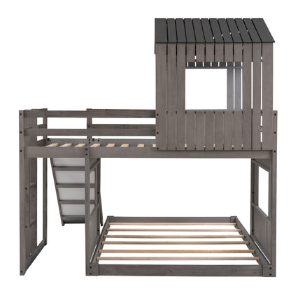 T & J Home Trends Wooden Twin Over Full Bunk Bed, Loft Bed with Playhouse, Farmhouse, Ladder, Slide and Guardrails, Antique Gray(OLD SKU :LT000028AAE)