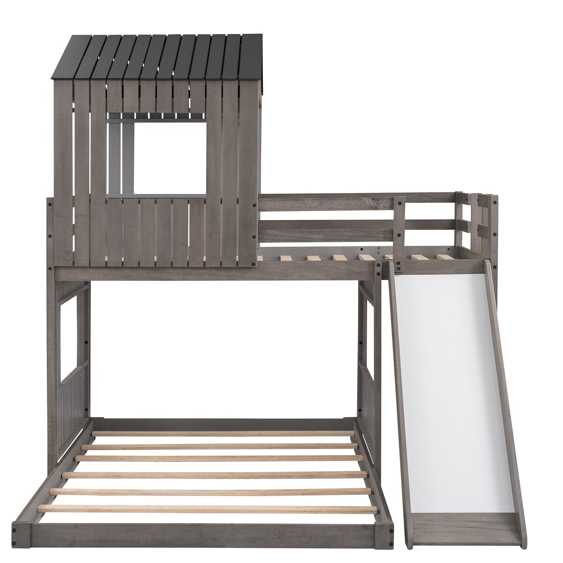 T & J Home Trends Wooden Twin Over Full Bunk Bed, Loft Bed with Playhouse, Farmhouse, Ladder, Slide and Guardrails, Antique Gray(OLD SKU :LT000028AAE)