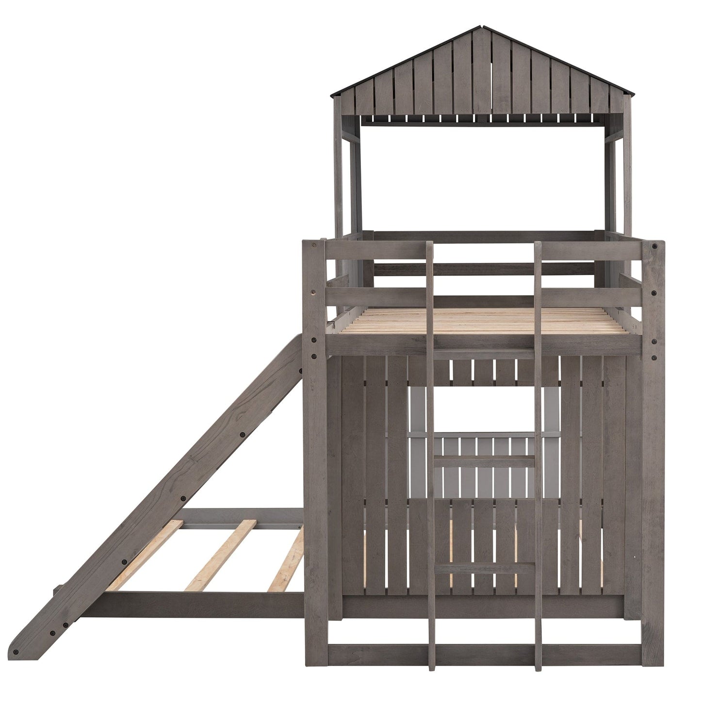 T & J Home Trends Wooden Twin Over Full Bunk Bed, Loft Bed with Playhouse, Farmhouse, Ladder, Slide and Guardrails, Antique Gray(OLD SKU :LT000028AAE)