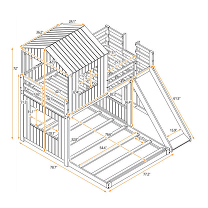 T & J Home Trends Wooden Twin Over Full Bunk Bed, Loft Bed with Playhouse, Farmhouse, Ladder, Slide and Guardrails, Antique Gray(OLD SKU :LT000028AAE)