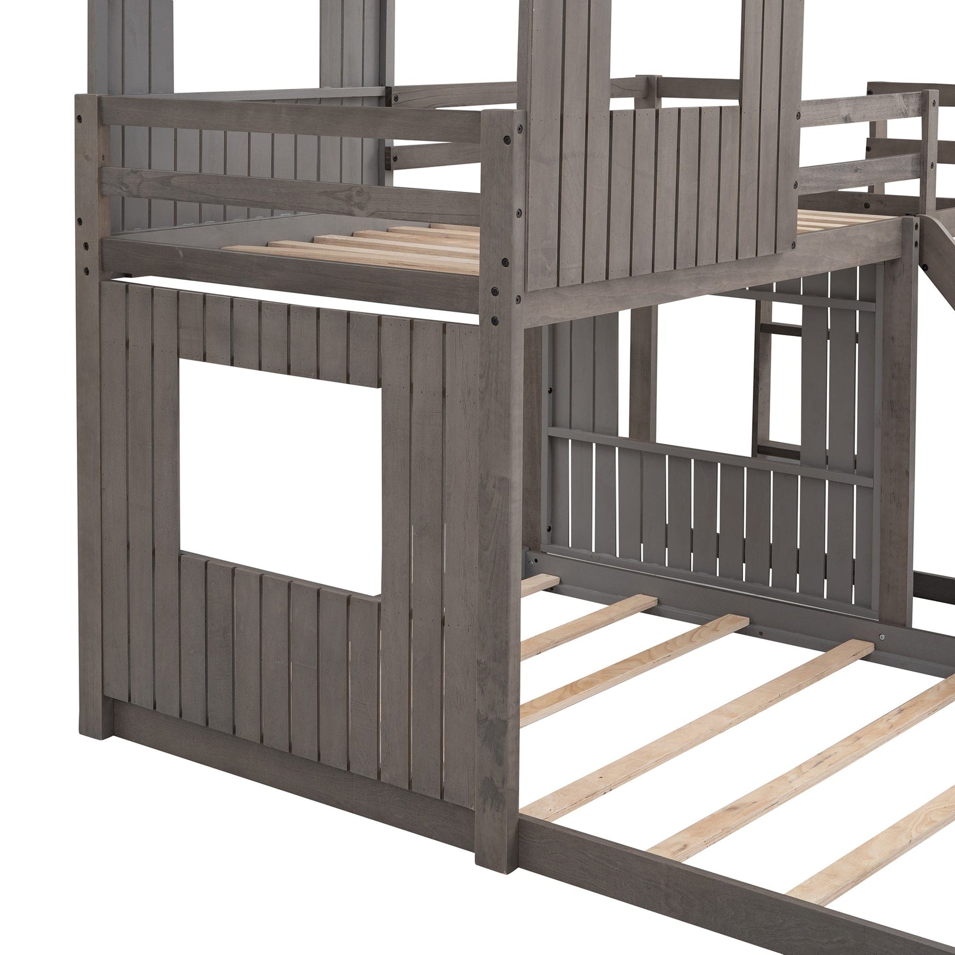 T & J Home Trends Wooden Twin Over Full Bunk Bed, Loft Bed with Playhouse, Farmhouse, Ladder, Slide and Guardrails, Antique Gray(OLD SKU :LT000028AAE)