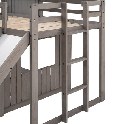 T & J Home Trends Wooden Twin Over Full Bunk Bed, Loft Bed with Playhouse, Farmhouse, Ladder, Slide and Guardrails, Antique Gray(OLD SKU :LT000028AAE)