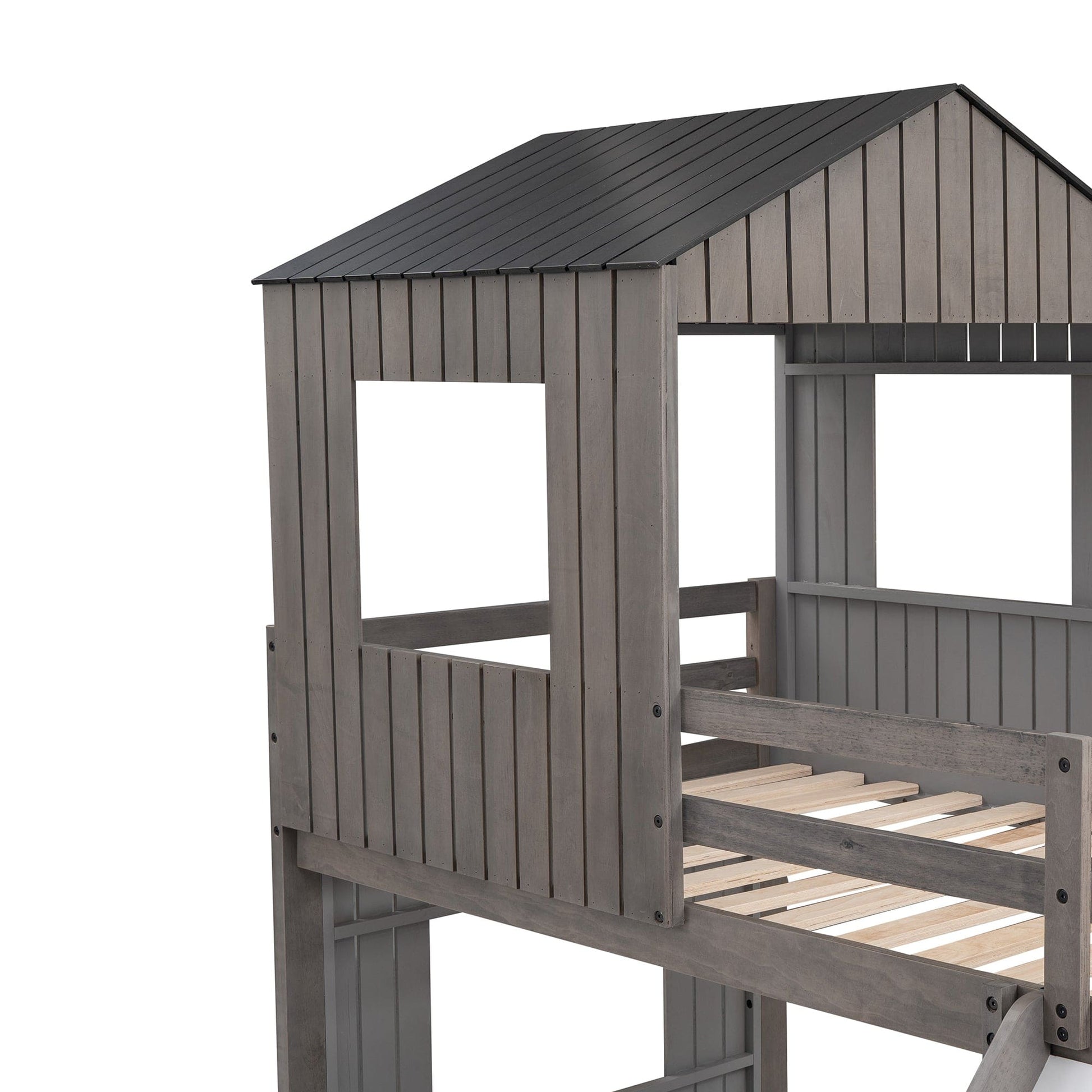 T & J Home Trends Wooden Twin Over Full Bunk Bed, Loft Bed with Playhouse, Farmhouse, Ladder, Slide and Guardrails, Antique Gray(OLD SKU :LT000028AAE)