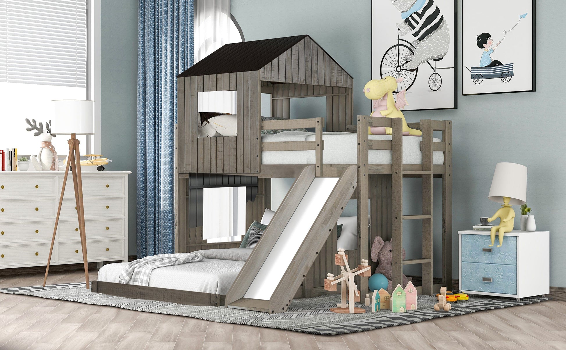 T & J Home Trends Wooden Twin Over Full Bunk Bed, Loft Bed with Playhouse, Farmhouse, Ladder, Slide and Guardrails, Antique Gray(OLD SKU :LT000028AAE)