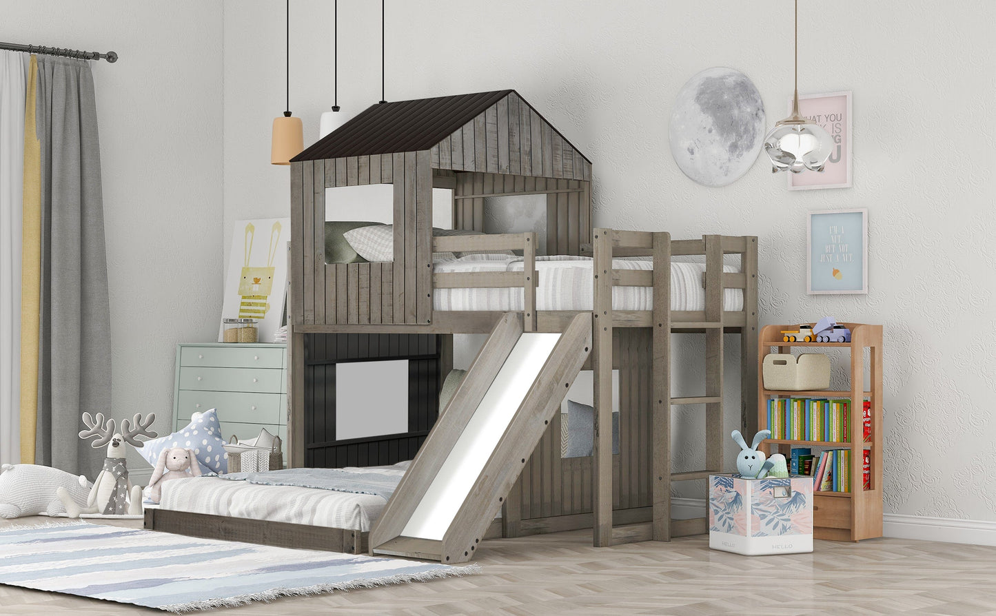 T & J Home Trends Wooden Twin Over Full Bunk Bed, Loft Bed with Playhouse, Farmhouse, Ladder, Slide and Guardrails, Antique Gray(OLD SKU :LT000028AAE)