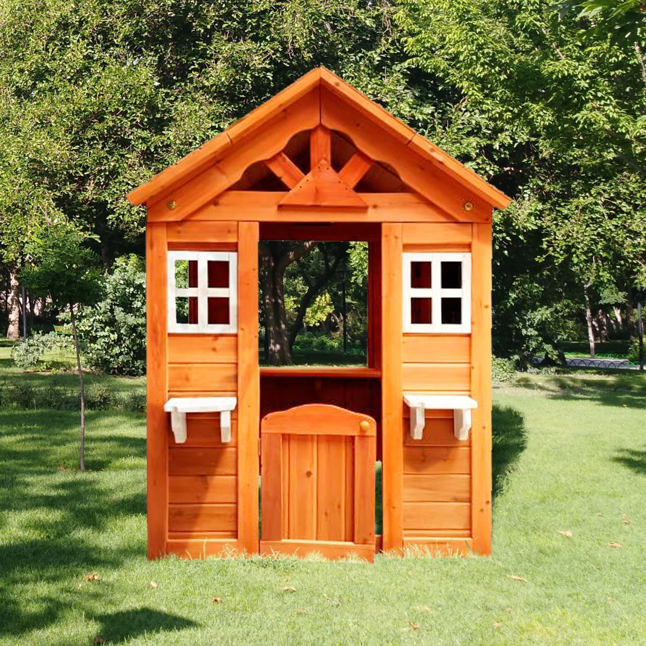 Wanhon Furniture Kid's Playhouse Country Style Wooden Kids Playhouse with Windows and Flowerpot Holder - 42"Lx46“Wx55"H, Golden Red