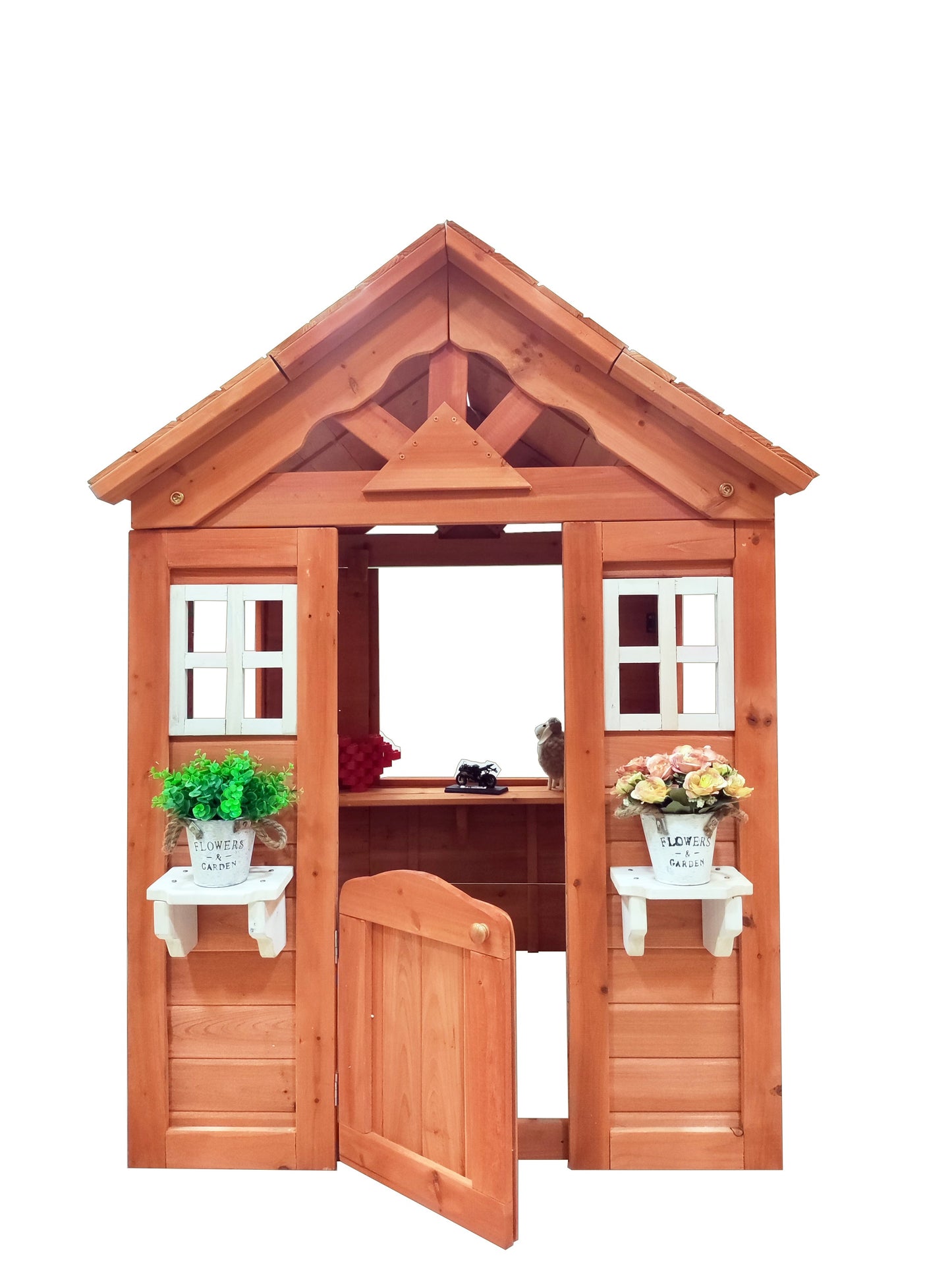 Wanhon Furniture Kid's Playhouse Country Style Wooden Kids Playhouse with Windows and Flowerpot Holder - 42"Lx46“Wx55"H, Golden Red