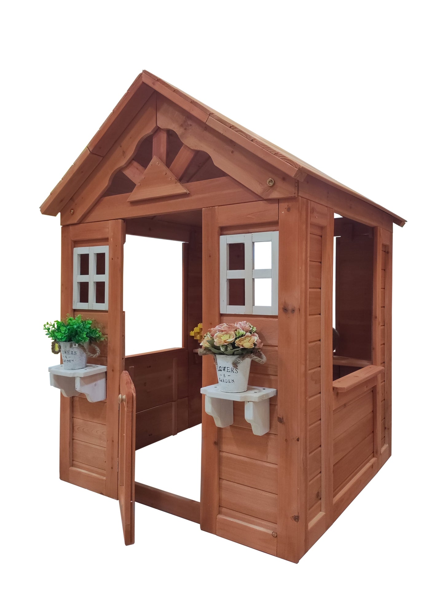 Wanhon Furniture Kid's Playhouse Country Style Wooden Kids Playhouse with Windows and Flowerpot Holder - 42"Lx46“Wx55"H, Golden Red