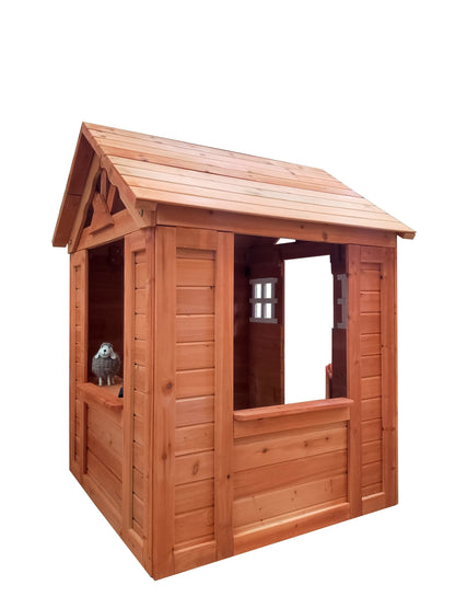 Wanhon Furniture Kid's Playhouse Country Style Wooden Kids Playhouse with Windows and Flowerpot Holder - 42"Lx46“Wx55"H, Golden Red