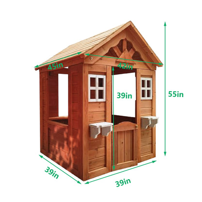 Wanhon Furniture Kid's Playhouse Country Style Wooden Kids Playhouse with Windows and Flowerpot Holder - 42"Lx46“Wx55"H, Golden Red