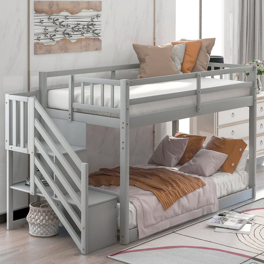 WM Store Bunk Bed with Stairs Twin Over Twin Floor Bunk Bed with Staircase Storage - Compact and Secure Design - Premium Pine Wood Construction - Elegant Gray