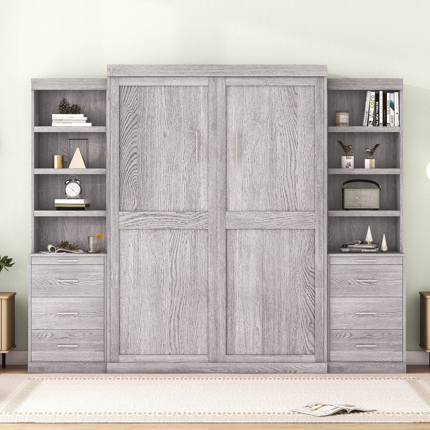 WM Store Murphy Bed Space-Saving Full-Size Gray Murphy Bed with Ample Storage