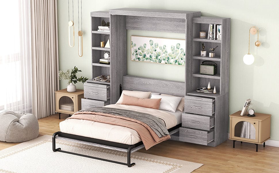 WM Store Murphy Bed Space-Saving Full-Size Gray Murphy Bed with Ample Storage