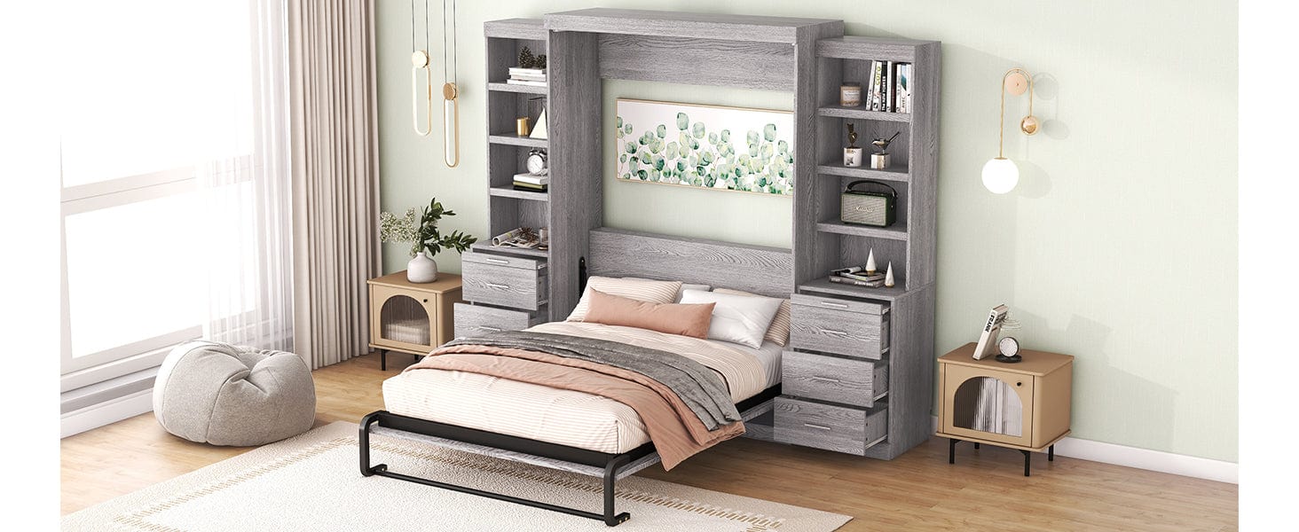 WM Store Murphy Bed Space-Saving Full-Size Gray Murphy Bed with Ample Storage