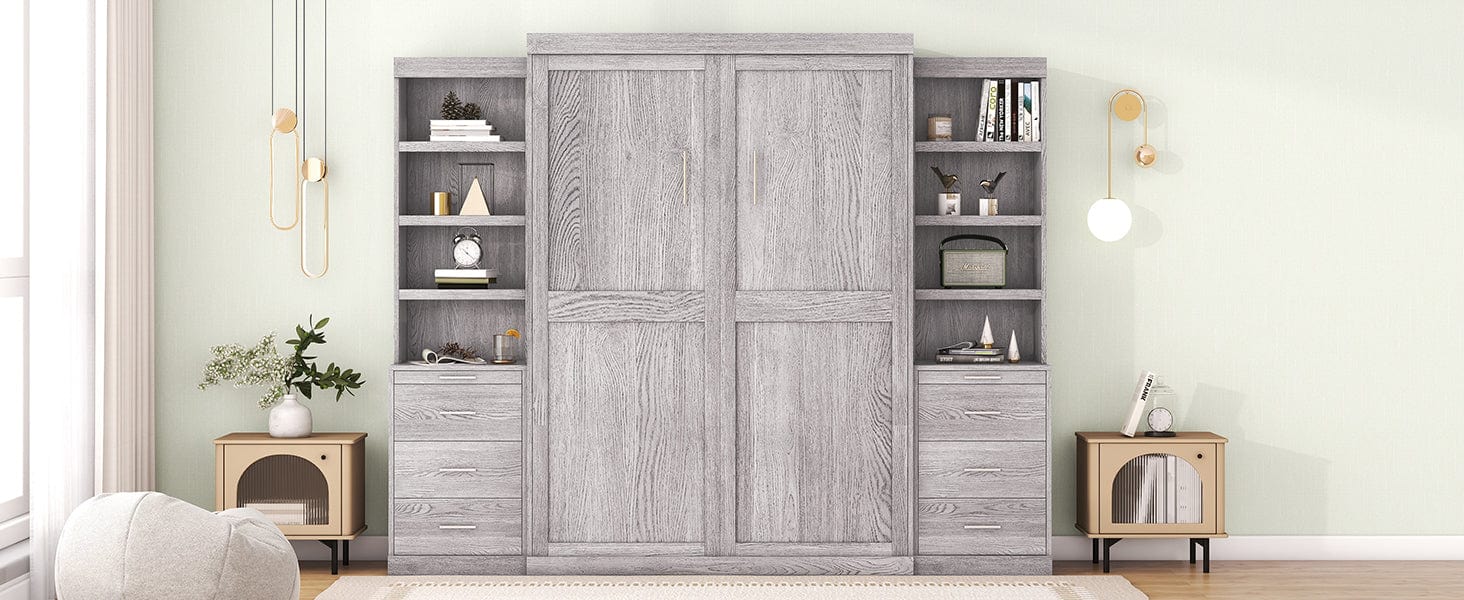 WM Store Murphy Bed Space-Saving Full-Size Gray Murphy Bed with Ample Storage